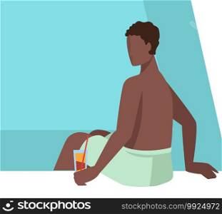 Male character resting by pool, drinking cocktail. Man sitting by poolside holding alcoholic beverage in hand. Summertime relaxation and activities, sunbathing and tanning, vector in flat style. Man sitting by poolside drinking cocktail, male character on vacation