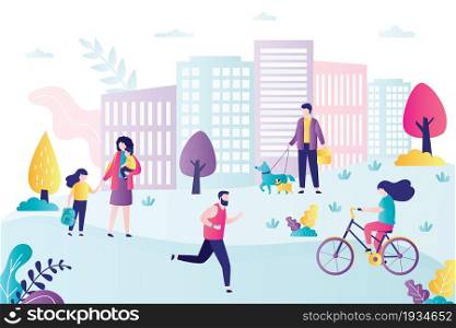 Male character running outdoor. Man walking dogs in park. Cute woman rides a bike. Mother with children walking through park. City view on background. Banner in trendy style. Flat vector illustration. Male character running outdoor. Man walking dogs in park. Cute woman rides a bike. Mother with children walking through park