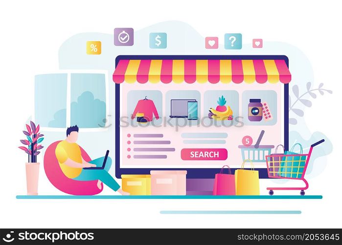 Male character shopping in online store. Handsome man buys various products in internet shop. Concept of e-commerce and business. Website design. Different goods on computer screen.Vector illustration. Male character shopping in online store. Handsome man buys various products in internet shop