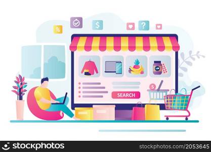 Male character shopping in online store. Handsome man buys various products in internet shop. Concept of e-commerce and business. Website design. Different goods on computer screen.Vector illustration. Male character shopping in online store. Handsome man buys various products in internet shop