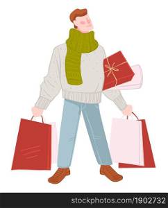 Male character shopping in winter season, buying presents and gifts for family and friends. Man wearing warm knitted scarf returning home. Preparation for xmas or new year. Vector in flat style. Winter shopping season, man with bags and presents
