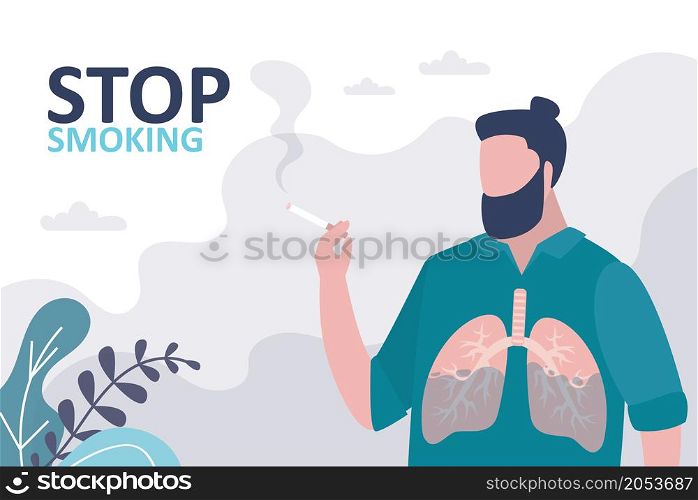 Male character smoking cigarette. Cartoon man with unhealthy and affected lungs. Concept of bad habit and unhealthy lifestyle. Poster urging to quit smoking. Banner in trendy style.Vector illustration. Male character smoking cigarette. Cartoon man with unhealthy and affected lungs. Concept of bad habit and unhealthy lifestyle