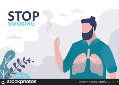 Male character smoking cigarette. Cartoon man with unhealthy and affected lungs. Concept of bad habit and unhealthy lifestyle. Poster urging to quit smoking. Banner in trendy style.Vector illustration. Male character smoking cigarette. Cartoon man with unhealthy and affected lungs. Concept of bad habit and unhealthy lifestyle