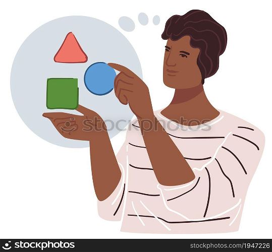 Male character solving problems and brainstorming on project task. Business development and concepts, innovative idea or strategy. Geometric cubes and forms in hands of guy. Vector in flat style. Solving problems and brainstorming male character
