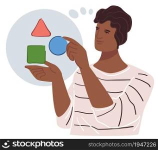 Male character solving problems and brainstorming on project task. Business development and concepts, innovative idea or strategy. Geometric cubes and forms in hands of guy. Vector in flat style. Solving problems and brainstorming male character