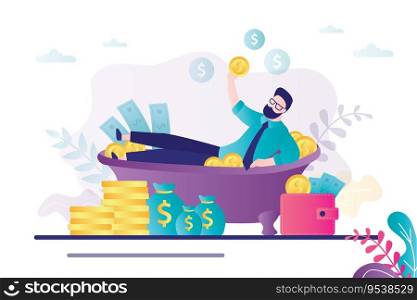 Male character takes in bath full of bills and coins. Cartoon businessman bathes in wealth. Rich man relaxing in bath full of money. Concept of millionaire and financial success. Vector illustration