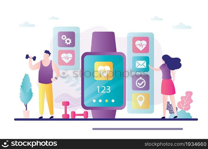 Male character trains with fitness tracker. Woman checks mail on smart watch. Concept of healthy lifestyle, new technology. Smartwatch measure heart rate and counts calories. Flat vector illustration. Male character trains with fitness tracker. Woman checks mail on smart watch. Concept of healthy lifestyle, new technology