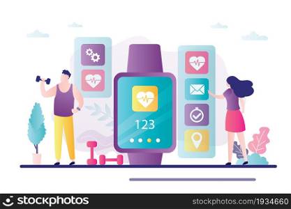 Male character trains with fitness tracker. Woman checks mail on smart watch. Concept of healthy lifestyle, new technology. Smartwatch measure heart rate and counts calories. Flat vector illustration. Male character trains with fitness tracker. Woman checks mail on smart watch. Concept of healthy lifestyle, new technology