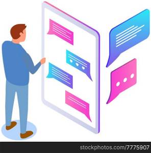 Male character uses smartphone to chat. Man chatting in messenger. Application for virtual communication in smartphone. Guy writes sms in mobile app. Messenger interface with message icons on screen. Male character uses smartphone application to chat. Messenger interface with message icons on screen