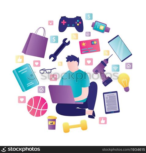 Male character using laptop for shopping in online store. Different objects around man. Concept of internet shopping, e-commerce and marketing. Banner in trendy style. Flat vector illustration. Male character using laptop for shopping in online store. Different objects around man. Concept of internet shopping, e-commerce and marketing