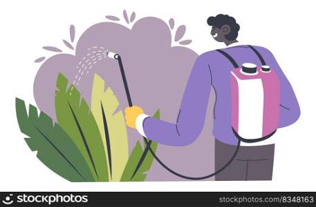 Male character using sprayer for plants and foliage, fighting against bugs and protecting flora from harmful beetles. Agriculture and gardening, farming and countryside works. Vector in flat style. Gardening and agricultural works, spraying plants