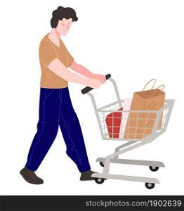 Male character using trolley to transport bought goods in store or market. Personage shopping in shop buying products and presents. Customer or purchaser with cart in marketplace. Vector in flat style. Character shopping buying products pushing cart