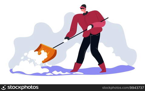 Male character using wooden or plastic shovel to clean paths and roads from snow. Man with spade cleaning way. Wintertime season and backyards care. Person working outside. Vector in flat style. Man with wooden shovel cleaning snow in winter
