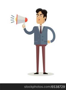 Male character vector. Cartoon in flat style design. Man in suit standing and talking in loudspeaker. Leader, speaker, demonstrator illustration for business and social concepts, infographics.. Man with Loudspeaker Vector Illustration.. Man with Loudspeaker Vector Illustration.