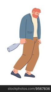 Male character walking with empty alcohol bottle, isolated personage with bad habits and lifestyle. Addiction and addictive behavior, drunken man strolling with hazy head. Vector in flat style. Alcoholic personage walking with empty bottle
