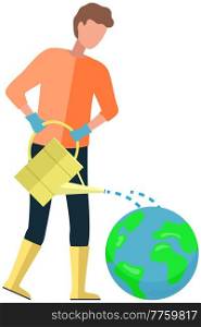 Male character watering world globe. Guy takes care of environment. Man holds watering can and pours water on planet. Gardener near Earth isolated on white background. Caring for nature concept. Man holds watering can and pours water on planet. Gardener near globe isolated on white background