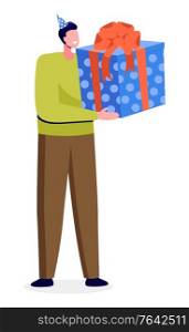 Male character wearing celebration hat holding big present with bow. Man in casual clothes standing with gift box with pattern and ribbon. Person giving present, greeting symbol on birthday vector. Man Holding Present, Greeting Box with Bow Vector
