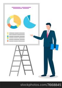 Male character wearing formal clothes presenting whiteboard with data and information in visual form. Report of partner or employee on done tasks. Board with diagram and explanation, vector in flat. Businessman Reporting on Project Analysis Data