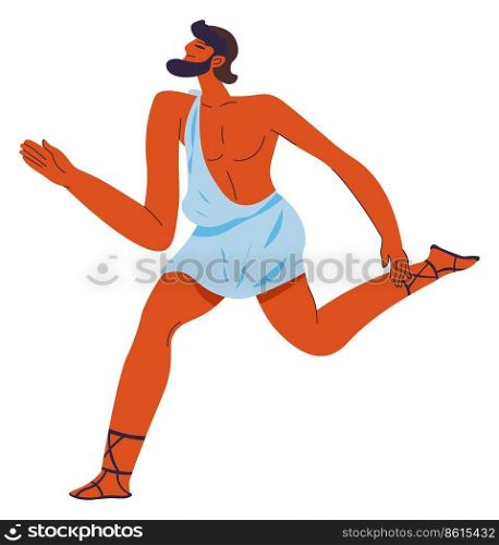 Male character wearing light clothes jogging or running, isolated athlete practicing sports. Roman or Greek personage, sportive man in sandals. Messenger commuting fast. Vector in flat style. Ancient Rome or Greece runner, male character