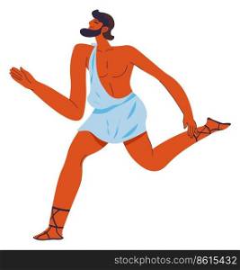 Male character wearing light clothes jogging or running, isolated athlete practicing sports. Roman or Greek personage, sportive man in sandals. Messenger commuting fast. Vector in flat style. Ancient Rome or Greece runner, male character