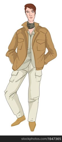 Male character wearing military or safari clothes, isolated man in jacket and trousers. Trendy guy dressed in stylish outfit and accessories. Autumn or spring season collection. Vector in flat style. Man wearing safari or military style clothing