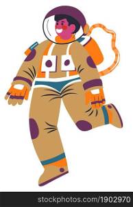 Male character wearing special costume for outer space exploration and discovery. Astronaut floating in galaxy, cosmonaut man with smile on face. Explorer of new planets. Vector in flat style. Astronaut man in costume, cosmonaut in outer space