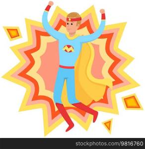 Male character wearing super hero cape, carnival costume for holidays or celebration. Super hero man, super male powerful personage with strength, action play or imagination with bomb sticker. Male character wearing supermale cape, carnival costume for holidays or celebration. Super hero