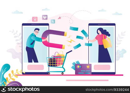 Male character with huge magnet attracts money from customer. Businessman attracting potential customers. Concept of customer retention and social media marketing. Trendy flat vector illustration