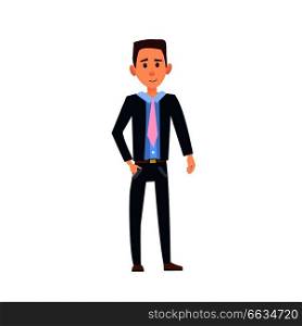 Male character with slight smile in navy jacket, blue shirt, pink tie and belted jeans isolated vector illustration on white background.. Male Character with Slight Smile Illustration