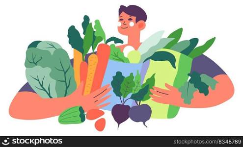 Male character with vegetables in package, man with carrot and cabbage, beetroot and cucumber. Packs with products for healthy dieting and nutrition. Harvest and shopping in store. Vector in flat. Healthy dieting and nutrition, man with vegetables