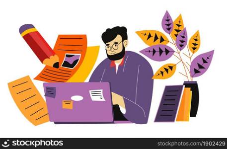 Male character working as copywriter, freelance with notebook and pencil taking notes and brainstorming. Man working from home or office. Copywriting occupation and work. Vector in flat style. Copywriter writing article on laptop at workplace