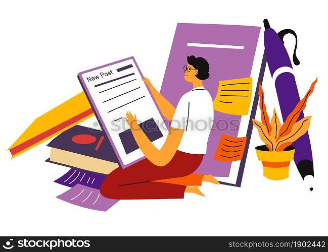 Male character working as copywriter surrounded by books and notebooks. Man freelancer editing texts and articles. Student studying from home using gadgets and browsing. Vector in flat style. Freelancer copywriter writing article in notebook