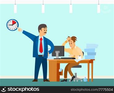Male character working at computer and doing paperwork to finish task. Boss urges employee to complete assignment defore deadline. Angry director with subordinate work to deal with deadline. Angry director with subordinate work to deal with deadline. Boss urges employee to complete task