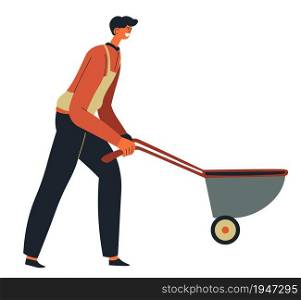 Male character working at construction site pushing old wheelbarrow loaded with building material for repairing and renovation. Contractor laborer transporting heavy concrete. Vector in flat style. Worker pushing wheelbarrow at construction site