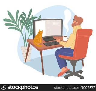 Male character working from home as freelancer using personal computer for tasks and projects completion. Man sitting with cat pet. Worker at workplace during quarantine. Vector in flat style. Freelancer working from home using computer vector