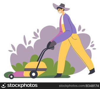 Male character working in orchard or yard, gardener caring for grass in garden. Personage with lawn mower caring for beauty. Worker with instrument or device cutting and trimming. Vector in flat. Gardening person with lawn mower tending yard
