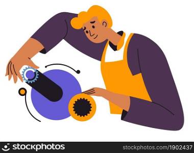Male character working on improvement and development of new technologies and devices. Man with gears working in industry or scientific field. Mechanic at job completing task. Vector in flat style. Creating and improving new technologies devices