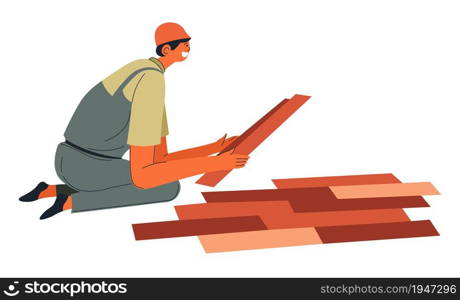 Male character working on renovation of floor parquet laying wooden planks. Contractor or handyman with instruments personage wearing hard hat. Installation and maintenance. Vector in flat style. Builder renovating floor, laying parquet vector