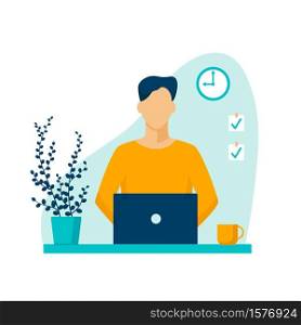 Male character works at home using laptop. Freelancer fulfills an urgent order at home designer on sick leave finishes project for delivery comfortable rest and vector work.. Male character works at home using laptop. Freelancer fulfills an urgent order at home.