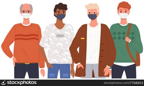 Male characters are wearing medical masks. Men stand side by side and pose, vector illustration isolated on white background. Coronavirus during time of pandemic. People protect their face with masks. Male characters are wearing medical masks. Coronavirus during time of pandemic vector illustration