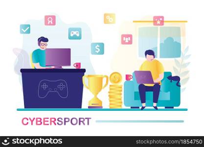 Male characters earns on video games. Concept of e-sports and virtual tournament. Competition between two cybersports players. Professional gamers in headset plays at computer.Flat vector illustration. Male characters earns on video games. Concept of e-sports and virtual tournament. Competition between two cybersports players