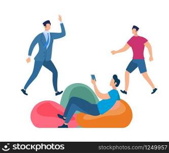 Male Characters Isolated on White Background. Businessman in Blue Formal Suit with Hand Up, Lounging Guy Hold Smartphone and Young Man Walking. Coworking, Education Cartoon Flat Vector Illustration.. Male Characters Isolated on White Background.