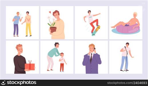 Male characters. Lifestyle, men activities. Diverse boys relaxed working swimming. People life vector illustration. Man character relaxation and outdoor, relax time. Male characters. Lifestyle, men activities. Diverse boys relaxed working swimming. People life vector illustration