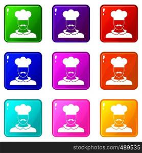 Male chef cook icons of 9 color set isolated vector illustration. Male chef cook set 9