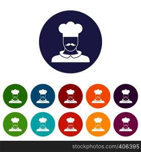 Male chef cook set icons in different colors isolated on white background. Male chef cook set icons