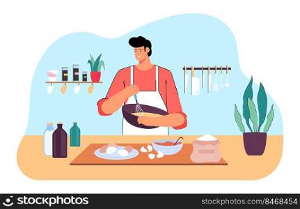 Male chef mixing flour and eggs for dough with whisk in hands. Happy man in apron preparing homemade sweet dessert at table of home kitchen flat vector illustration. Pastry, cooking recipe concept. Male chef mixing flour and eggs for dough with whisk in hands