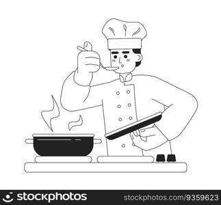 Male chef monochromatic flat vector character. Editable thin line half body man in chef hat with spoon try dish on white. Simple bw cartoon spot image for web graphic design.. Male chef taste food monochromatic flat vector character