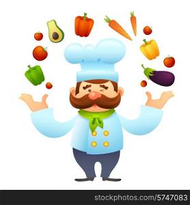 Male chef restaurant cook character juggles with vegetables vector illustration