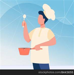 Male chef with utensil wearing cook hat. Man in uniform holding spoon and saucepan flat vector illustration. Cooking class, job, blog concept for banner, website design or landing web page