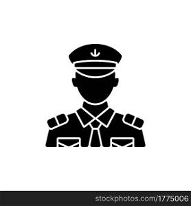 Male chief officer black glyph icon. Helping captain organize comfortable trip. Controlling crew. Cruise travel for visitors. Silhouette symbol on white space. Vector isolated illustration. Male chief officer black glyph icon